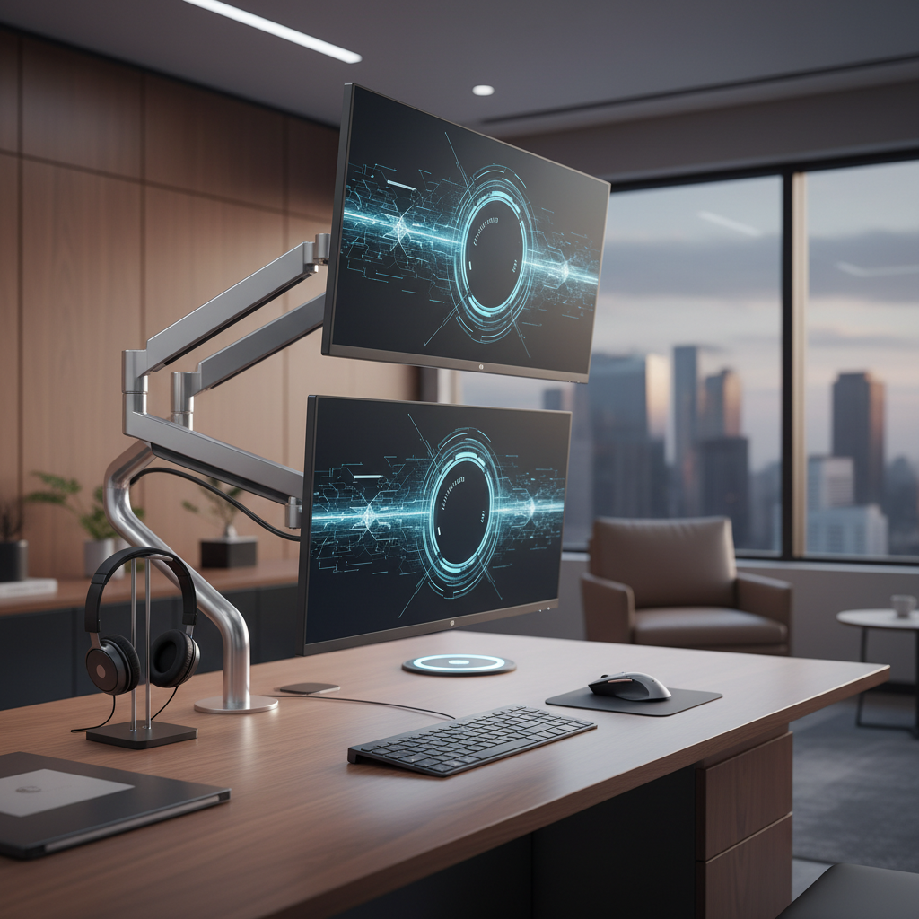 세련된 실버 모니터 암에 장착되어 공중에 떠 있는 듯한 느낌을 주는 듀얼 모니터 구성과 정돈된 워크스테이션 전경