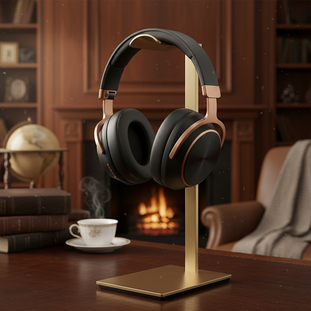 따뜻한 분위기의 서재를 배경으로 미니멀한 금속 거치대에 깔끔하게 걸려 있는 프리미엄 노이즈 캔슬링 헤드셋