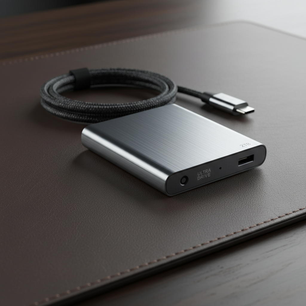 가죽 데스크 패드 위에 놓인 콤팩트한 크기의 고속 외장 SSD와 메탈릭한 질감이 강조된 감각적인 제품 클로즈업