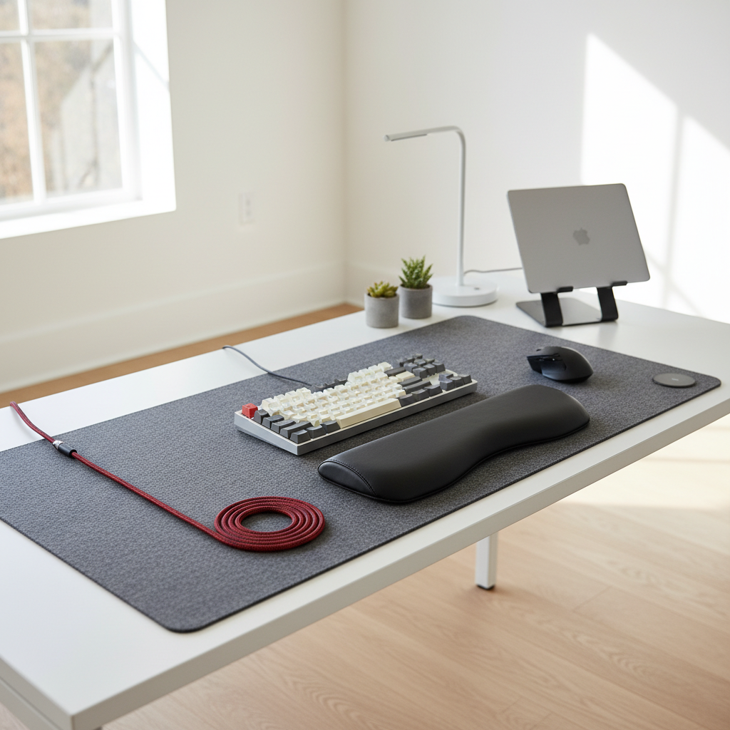 자연 채광이 들어오는 밝은 방에서 대형 데스크 매트와 손목 받침대 그리고 코일 케이블이 조화를 이룬 깔끔한 데스크테리어 전경